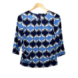 Boden Geometric Pintuck Top Womens 8 Blue Mod Retro 3/4 Sleeve Blouse Pocket Zip